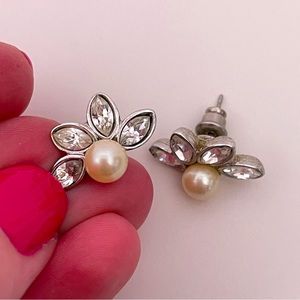 Vintage 80's MONET Silver Tone Faux Pearl Floral Spring Rhinestone Stud Earrings
